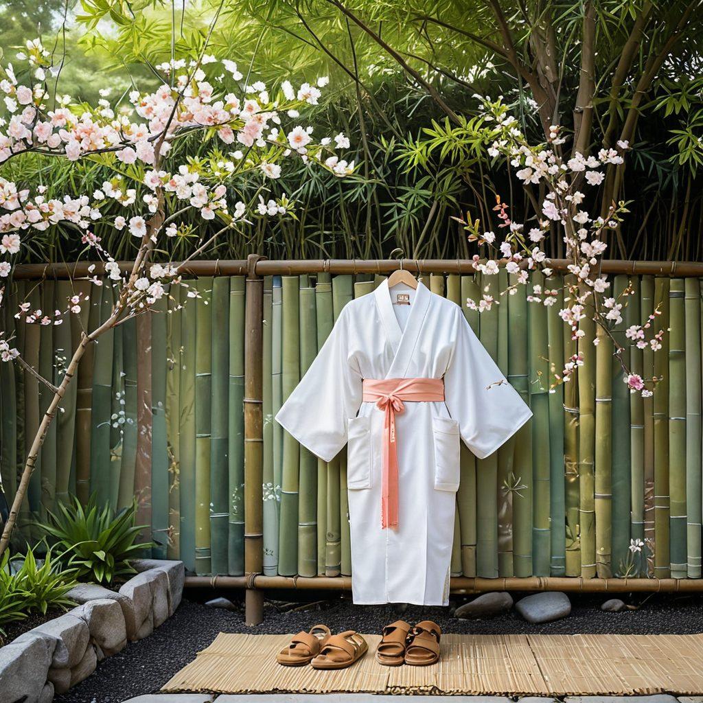 A serene Japanese garden featuring cherry blossoms, a traditional kimono draped elegantly over a bamboo fence, and wooden sandals nearby. Subtle hints of modern fashion elements blended in, like a sleek handbag and sunglasses. The scene is bathed in soft natural light, creating a calm and inviting atmosphere. Painting, soft pastels, elegant composition.
