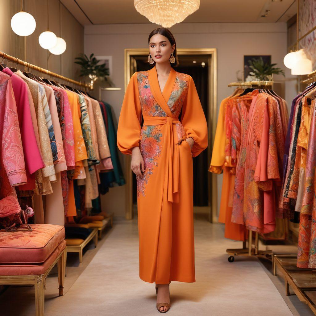 A stylish woman confidently showcasing a variety of modern Kobetai fashion trends, surrounded by vibrant fabrics and accessories that represent elegance and allure. The setting includes a chic boutique with soft lighting and mirrors reflecting the diverse outfits, emphasizing transformation and beauty. Include elements like bold colors, unique silhouettes, and intricate details in the fashion pieces. super-realistic. vibrant colors. chic atmosphere.