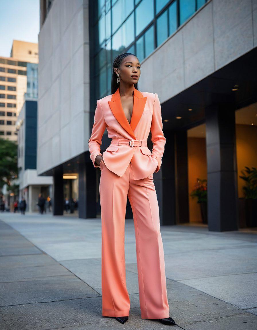 A stylish fashion model wearing an elegant Kobe-style outfit, showcasing Kobetai's designs in a vibrant urban setting. The background features contemporary architecture, and the model poses confidently, embodying luxury and sophistication. Incorporate soft lighting to highlight the textures of the fabric, alongside stylish accessories that complement the outfit. Include a subtle color palette that enhances the elegance of the scene. super-realistic. vibrant colors. urban background.